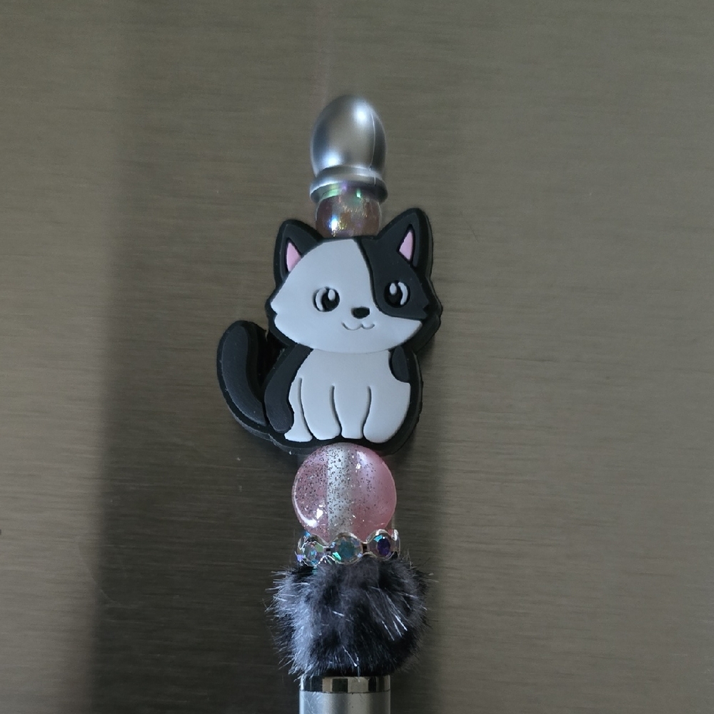 Black and White Cat 2 In 1 Stylus Pen with Pink Accents